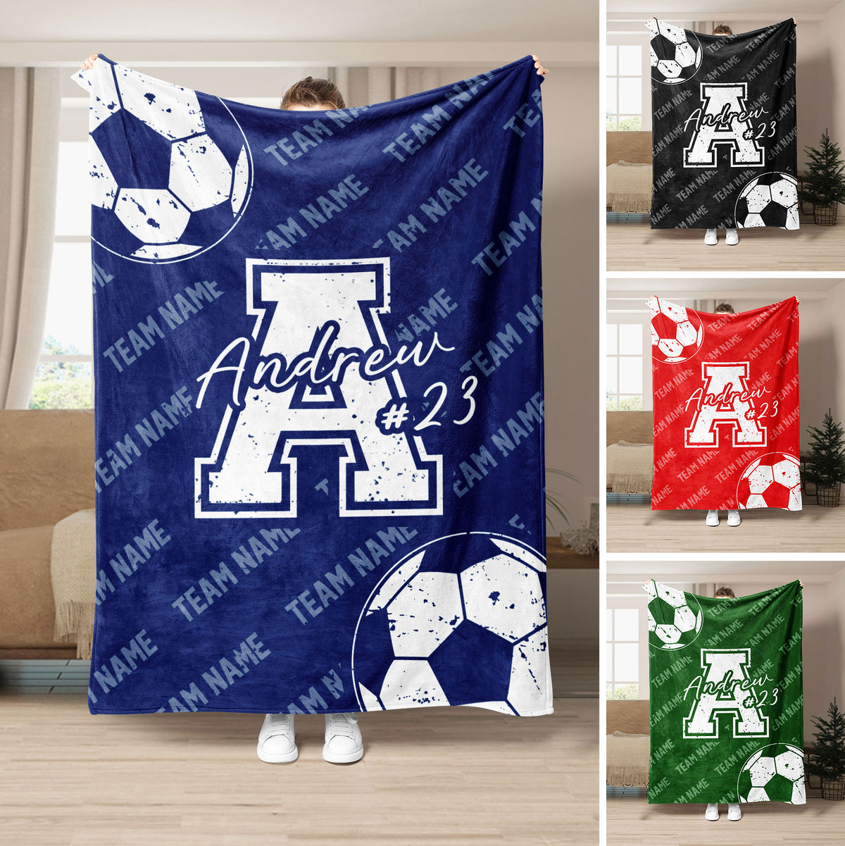 Soccer throw blanket displayed in blue with bold team artwork, soccer balls, and coordinated color variations