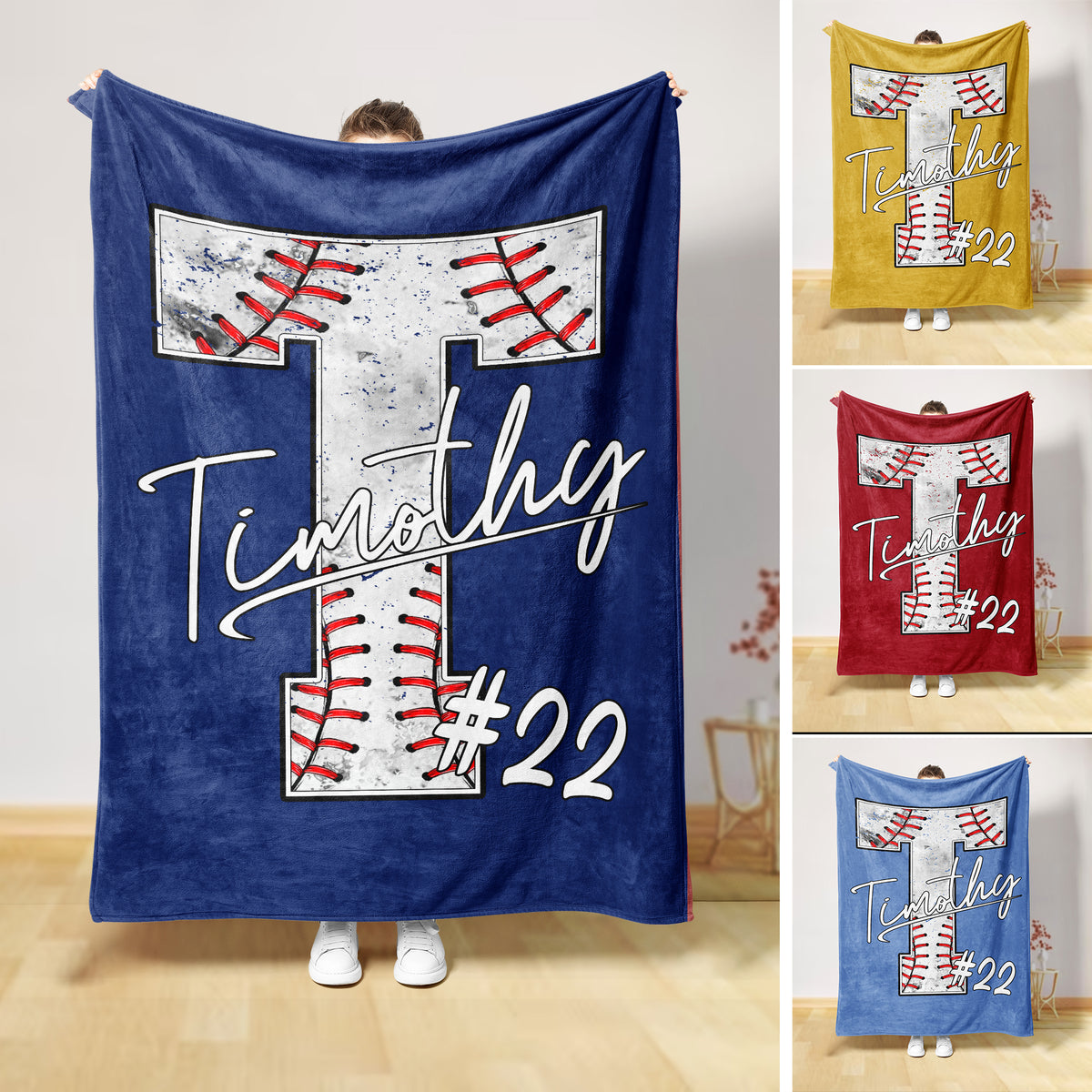 Baseball throw blanket collage showing bold stitched baseball artwork in blue, gold, red, and light blue