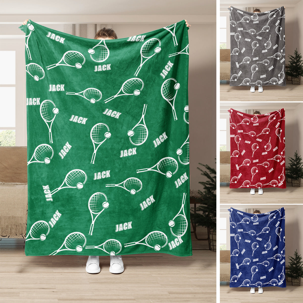 Green tennis throw blanket displayed with white racket and ball artwork in multiple color options
