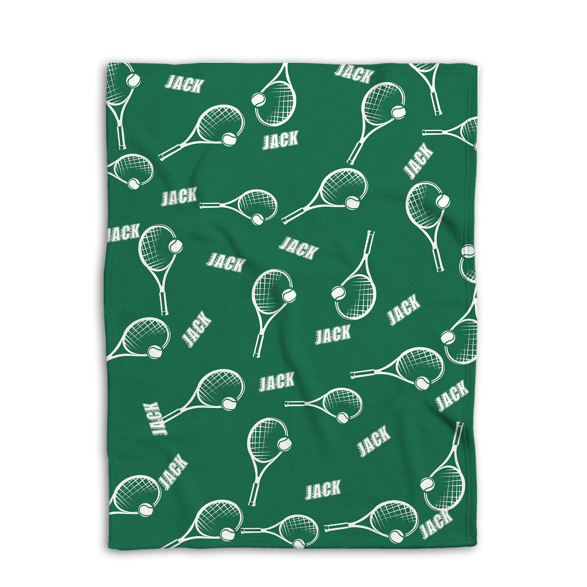 Folded green tennis blanket with repeating white racket and tennis ball artwork