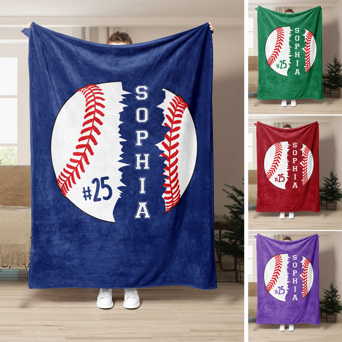 Baseball throw blanket displayed in multiple colors with bold ball artwork and custom sports design