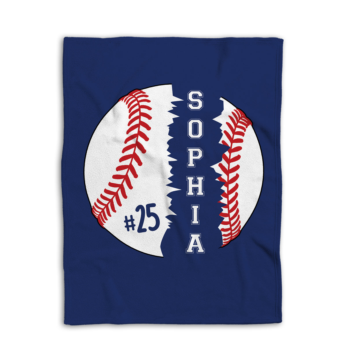 Navy baseball blanket displayed flat with large white ball and red stitching design