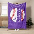 Purple baseball throw blanket shown full length with bold white ball and red stitching artwork