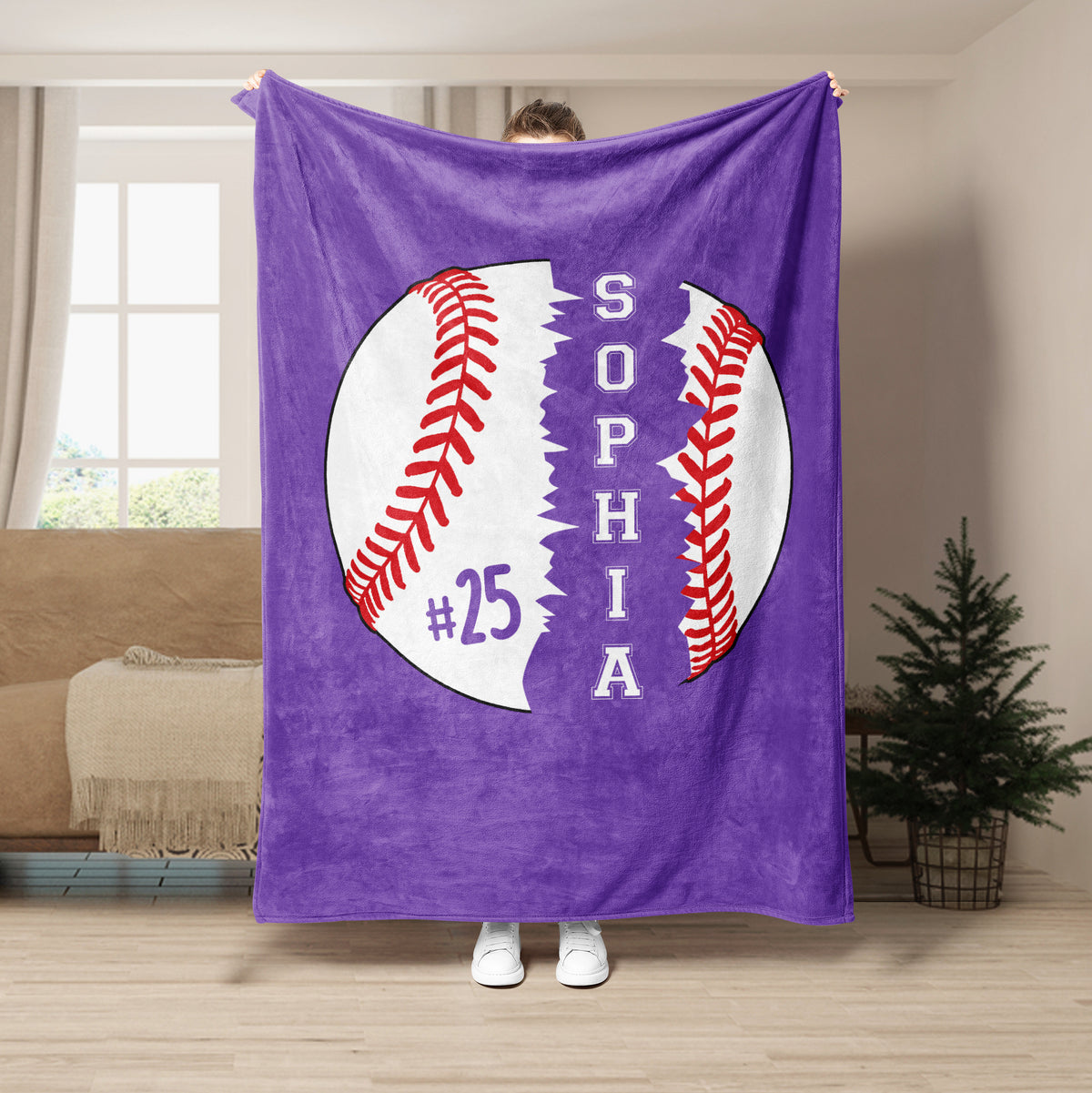 Purple baseball throw blanket shown full length with bold white ball and red stitching artwork