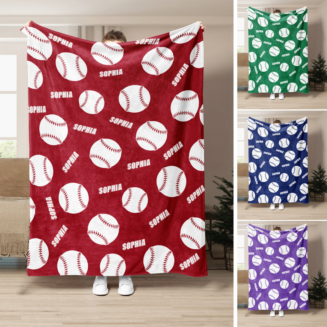 Softball throw blanket displayed in red with repeating white balls and custom design artwork