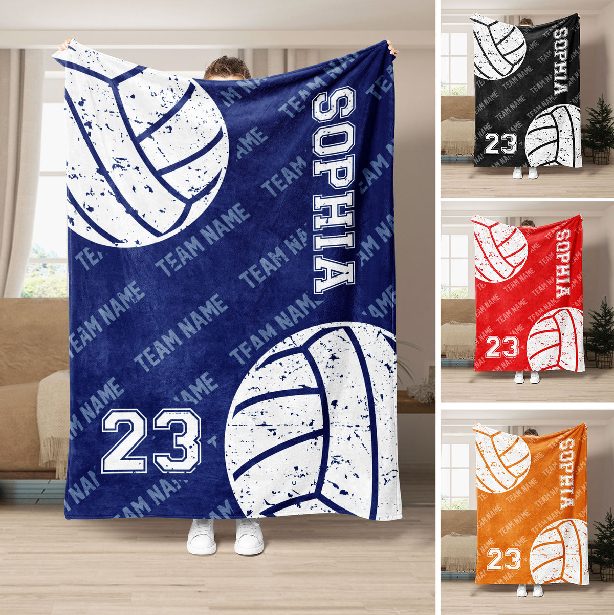 Custom volleyball throw blanket displayed in blue with distressed volleyball artwork and multiple color variations