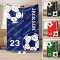 Custom soccer blanket with distressed soccer balls, team artwork, and blue, red, green, and black color options