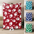 Custom football throw blanket displayed in red, teal, navy, and green color options with repeating football artwork