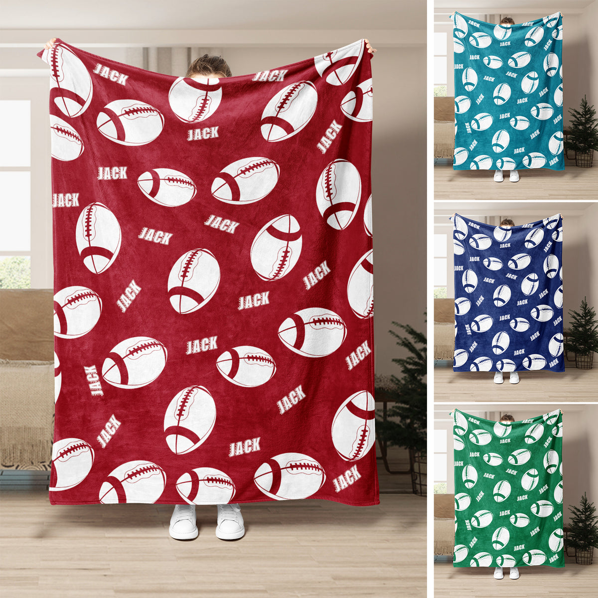 Custom football throw blanket displayed in red, teal, navy, and green color options with repeating football artwork