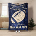 Blue football throw blanket featuring a large football graphic and inspirational coach-themed artwork
