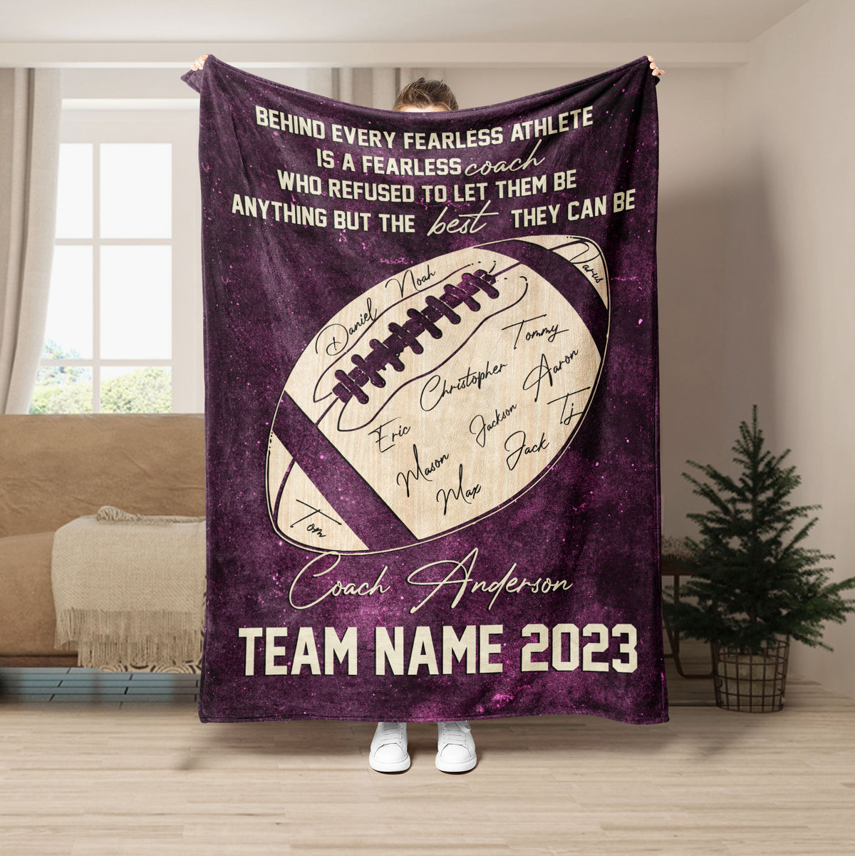 Purple football throw blanket featuring coach appreciation artwork and team-themed design