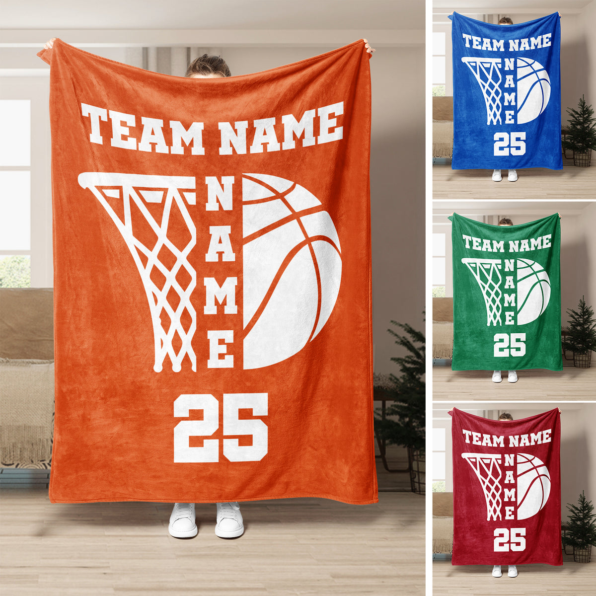 Basketball throw blanket shown in multiple colors with hoop and basketball artwork