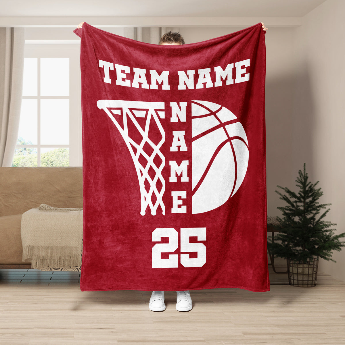 Red basketball blanket displayed with bold white hoop and basketball graphic