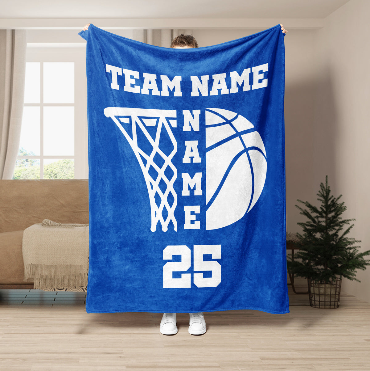 Blue basketball throw blanket featuring a white hoop and basketball design