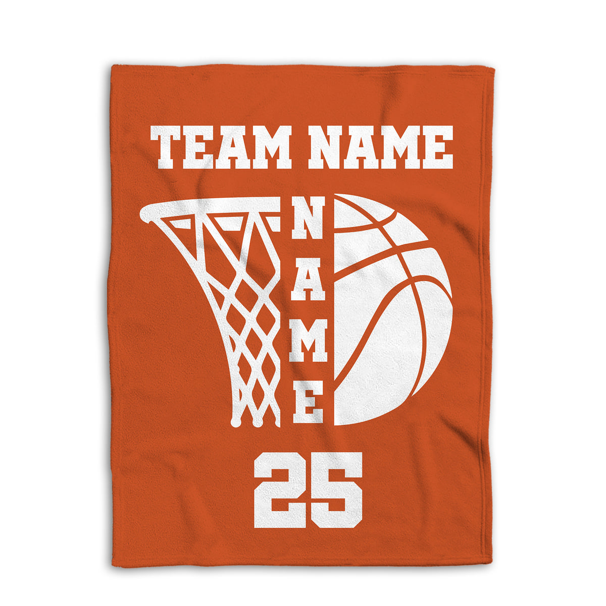 Orange basketball blanket laid flat with prominent hoop and basketball graphic