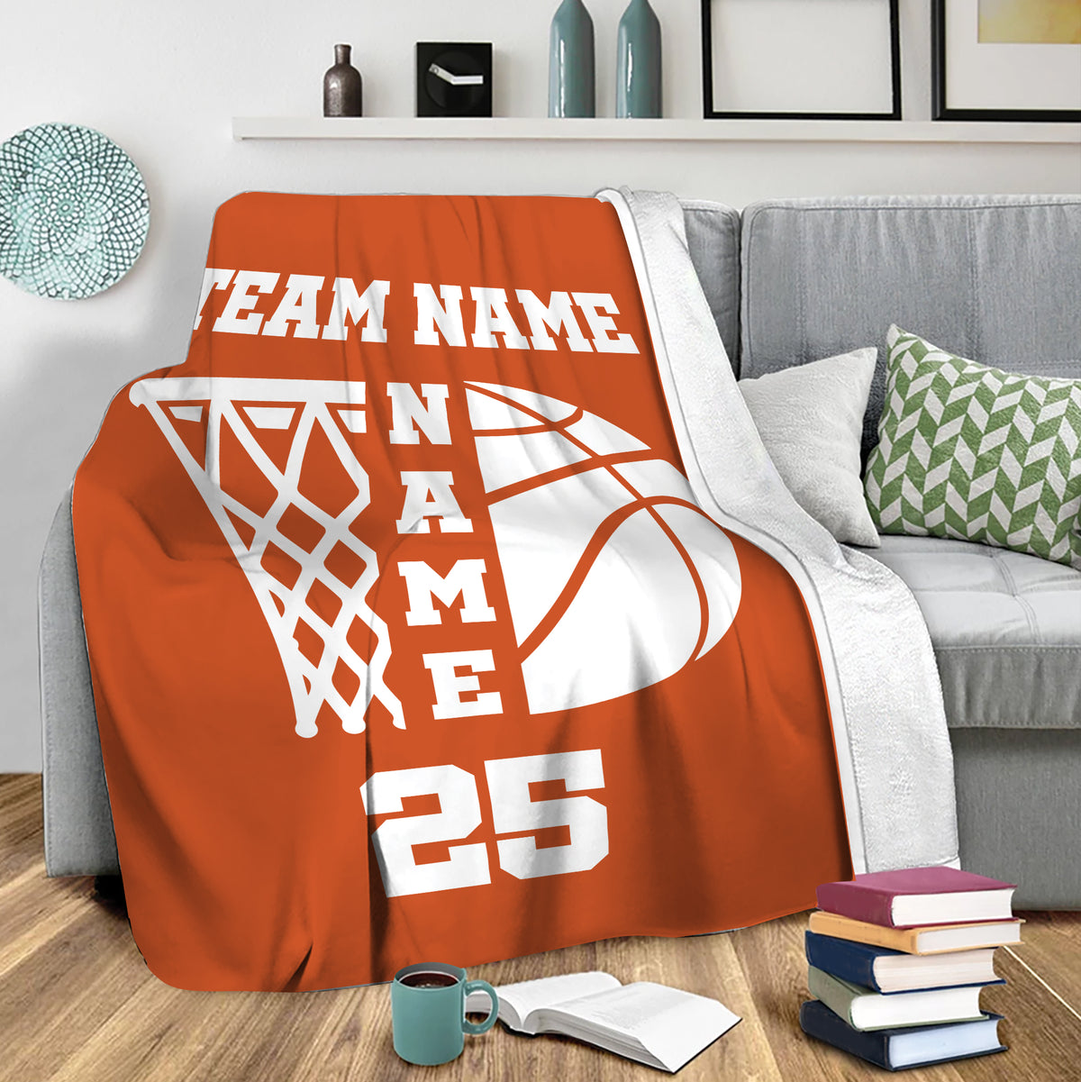 Orange basketball throw blanket draped over a sofa in a living room