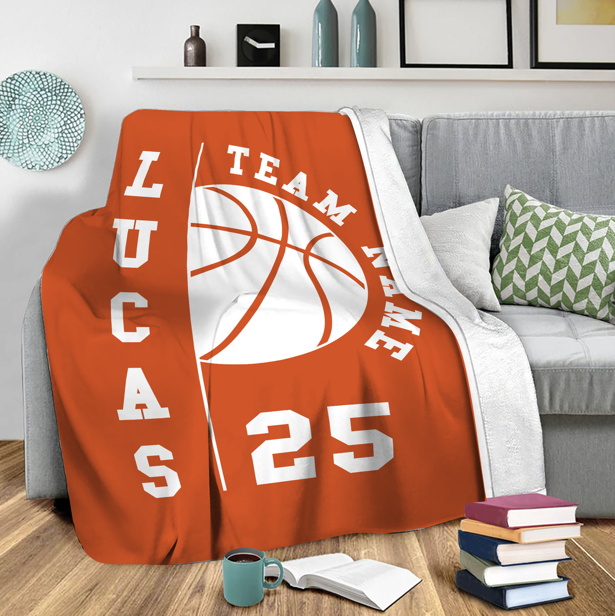 Basketball throw blanket draped over a sofa in a modern living room