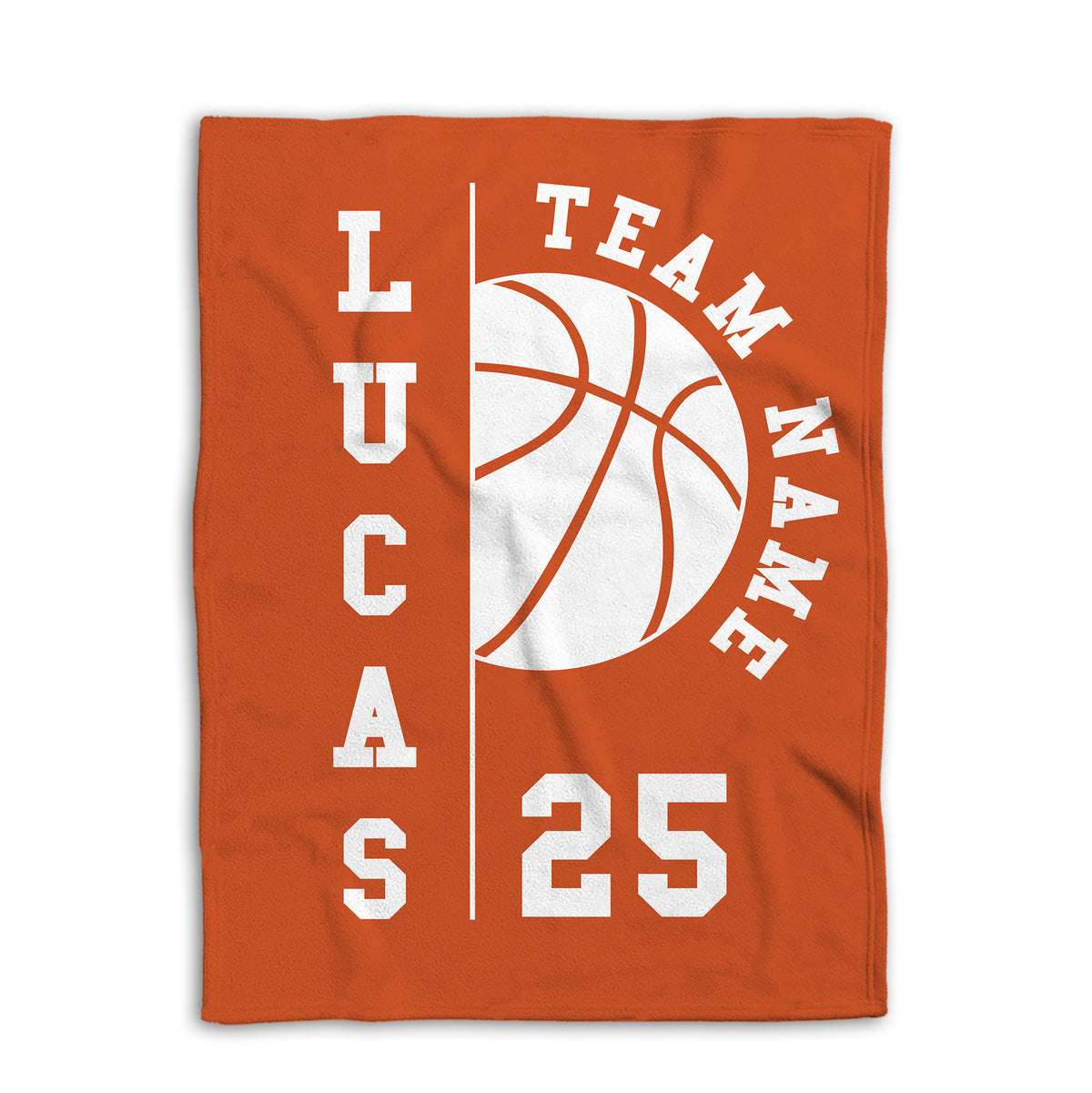 Orange basketball blanket shown flat with a large white basketball and varsity-style design