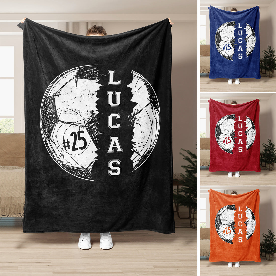 Custom soccer blanket with player name and jersey number, distressed soccer ball graphic and multiple background color options
