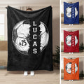 Custom soccer blanket with player name and jersey number, distressed soccer ball graphic and multiple background color options