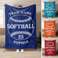 Softball throw blanket collage showing a bold ball graphic in navy, teal, orange, and red color options