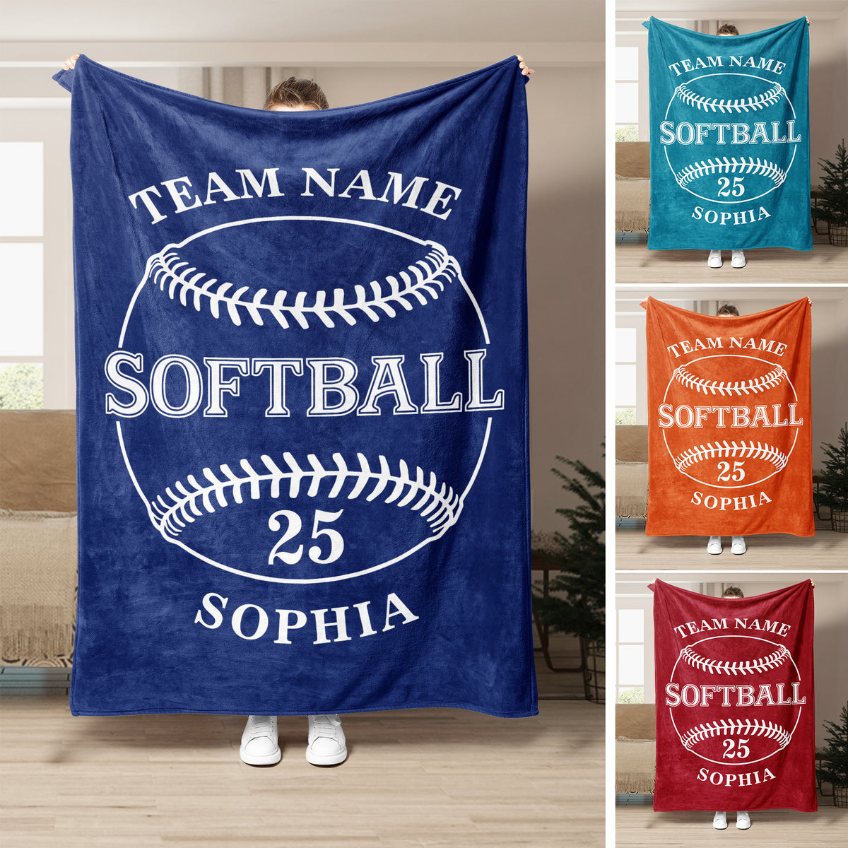 Softball throw blanket collage showing a bold ball graphic in navy, teal, orange, and red color options