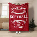 Red softball throw blanket featuring a large white softball graphic and sporty design
