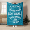Teal softball throw blanket displayed with a bold white softball design