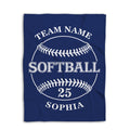 Navy softball throw blanket shown flat with a large white softball graphic