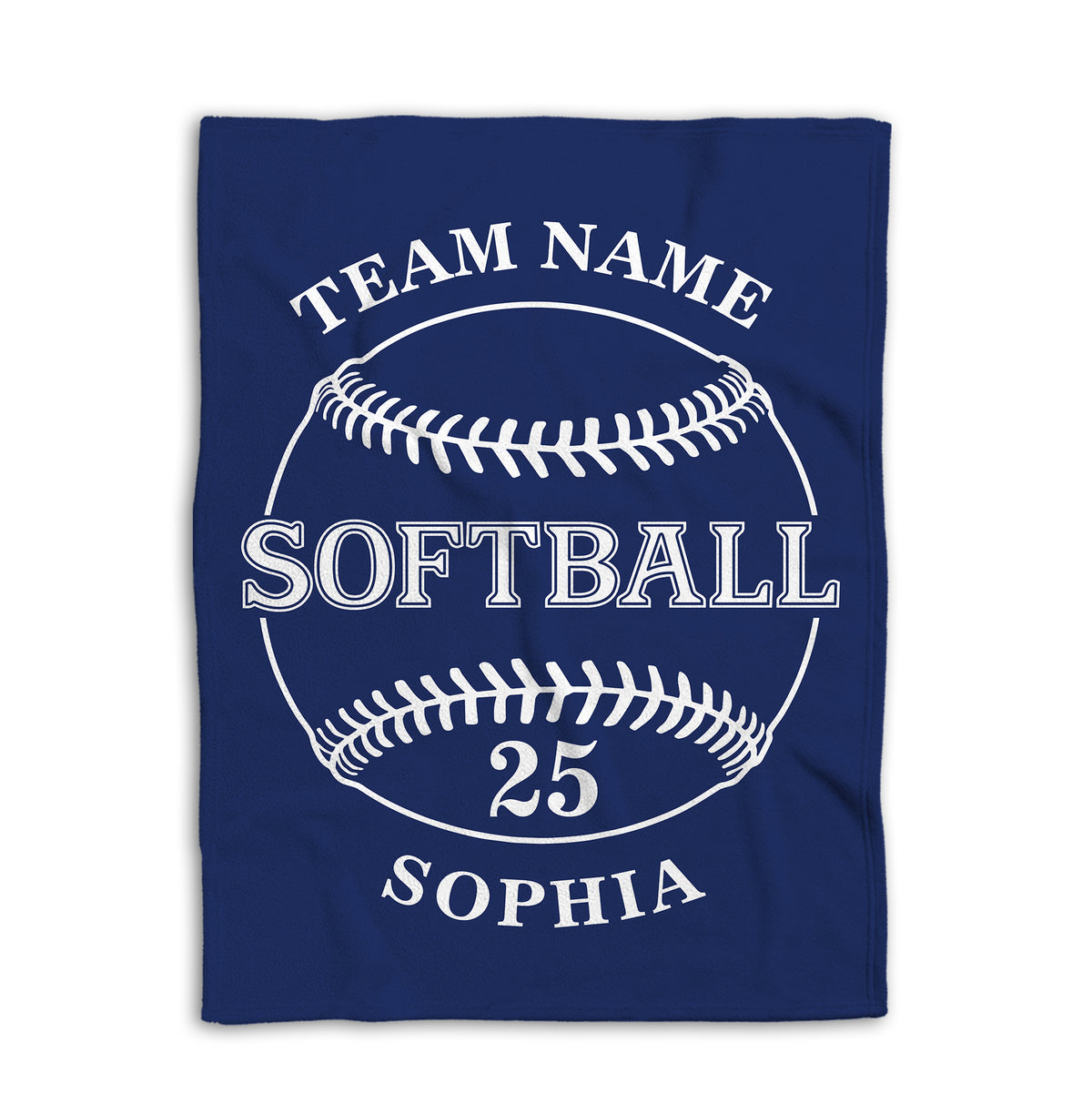 Navy softball throw blanket shown flat with a large white softball graphic