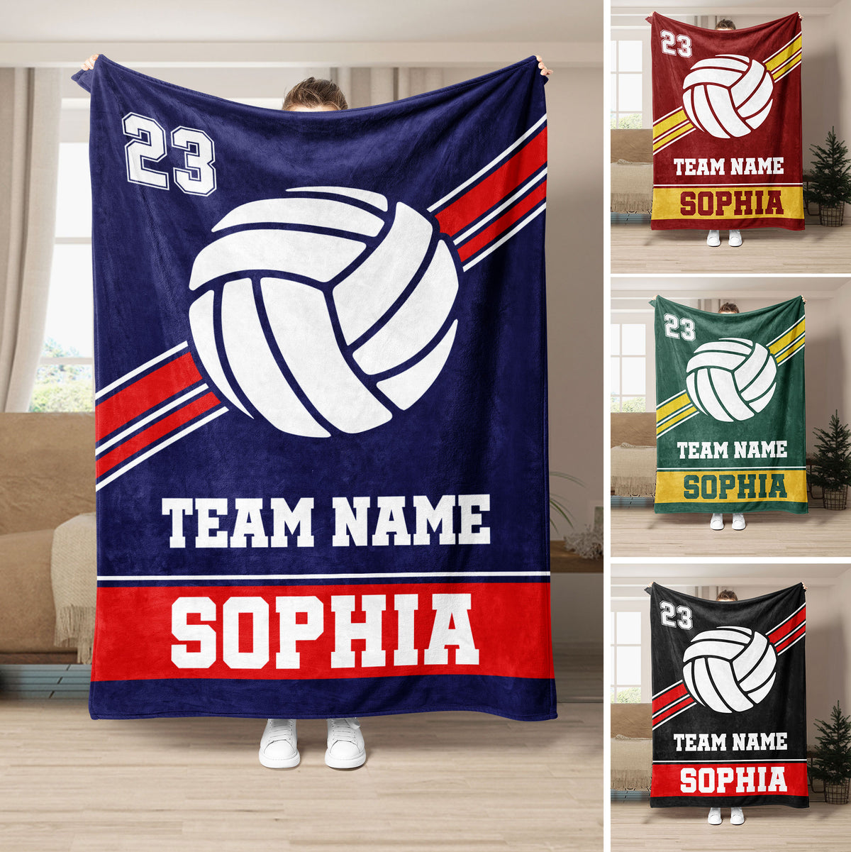 Custom volleyball throw blanket displayed in multiple team color options with bold volleyball artwork