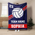 Navy volleyball throw blanket featuring a large white volleyball and coordinated red sport stripes
