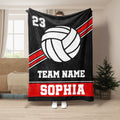 Black volleyball throw blanket featuring bold white volleyball artwork and red athletic stripes