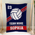 Navy volleyball blanket hanging on a wooden display frame with bold team sports artwork