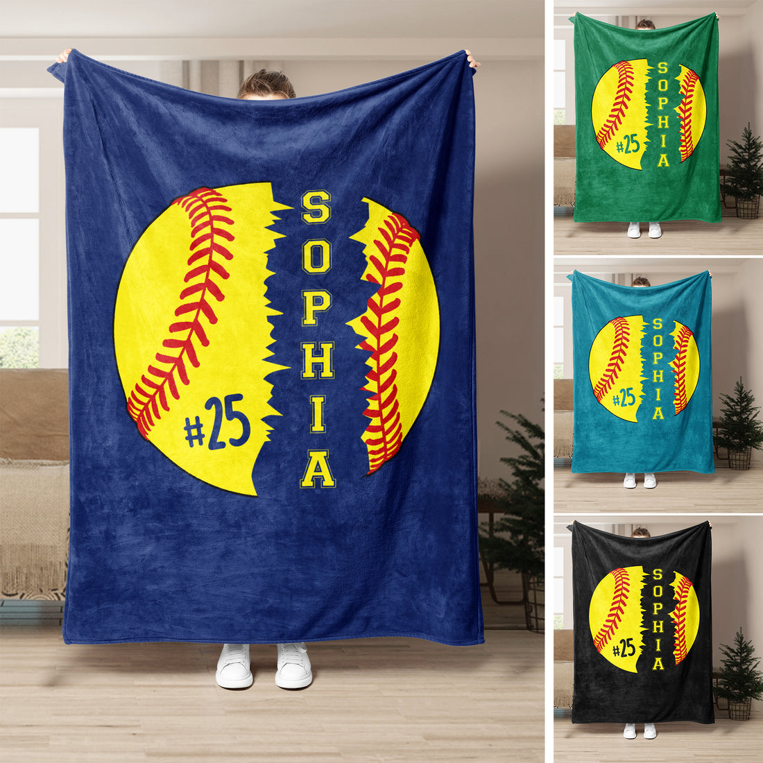 Softball throw blanket displayed in multiple colors with bold yellow softball artwork and dark blue background