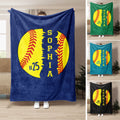 Softball throw blanket displayed in multiple colors with bold yellow softball artwork and dark blue background