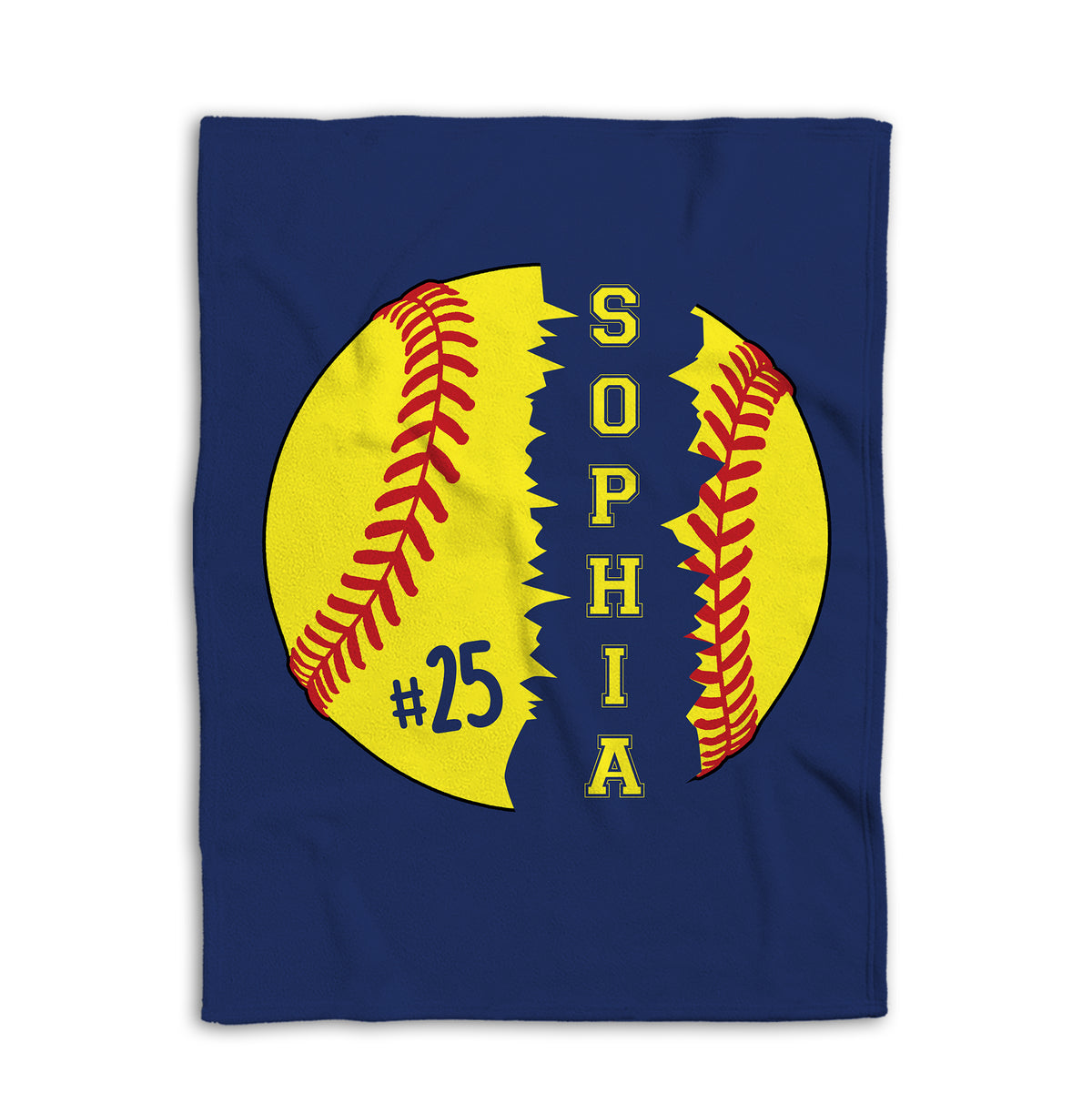 Flat-lay view of a navy softball blanket with a large yellow softball design