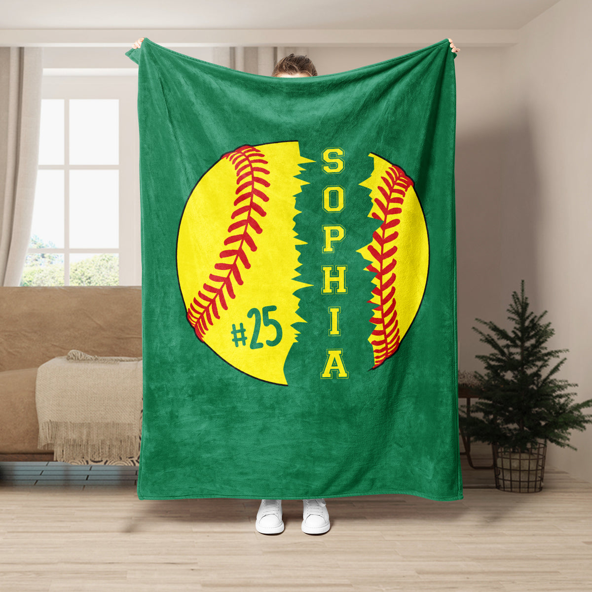 Green softball throw blanket displayed upright with bright yellow softball artwork
