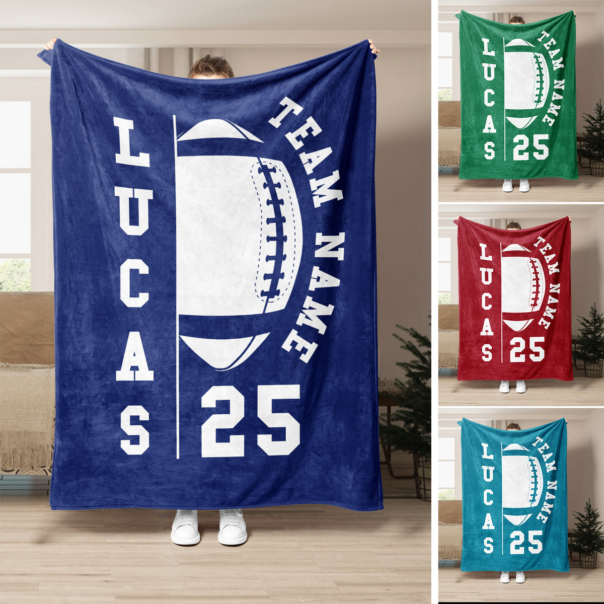 Blue football throw blanket displayed in multiple color options with bold collegiate-style sports artwork