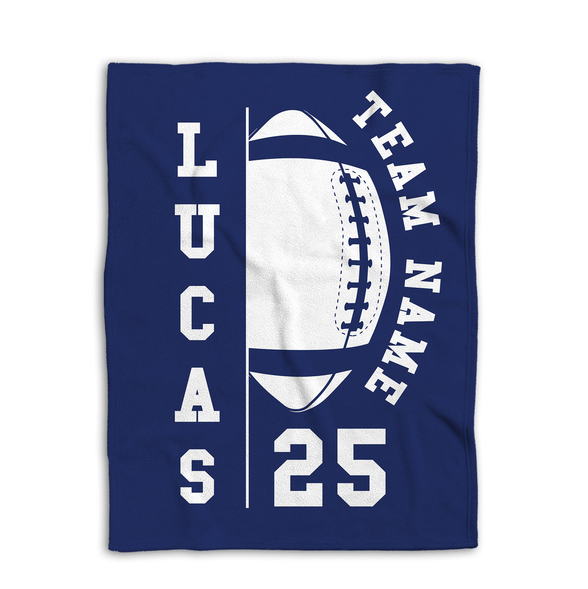 Navy football blanket shown flat with a large white football graphic and athletic lettering