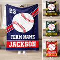 Custom baseball throw blanket with oversized baseball artwork, bold stripes, and multiple team color options