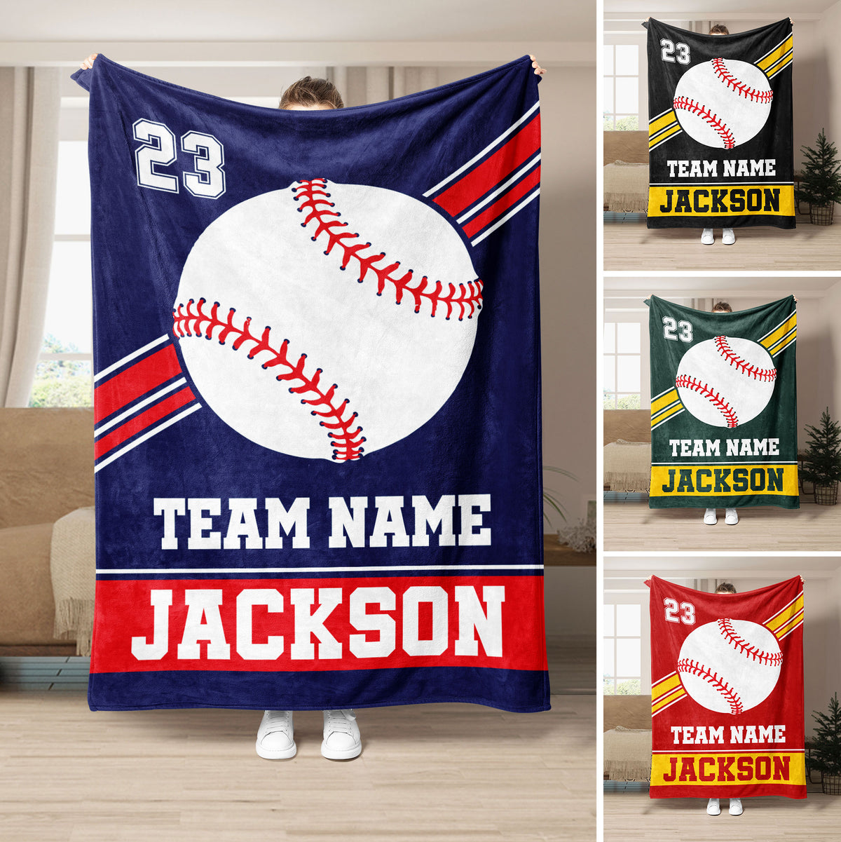 Custom baseball throw blanket with oversized baseball artwork, bold stripes, and multiple team color options