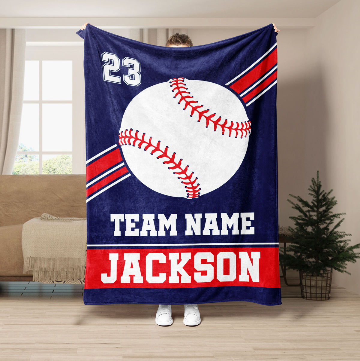 Baseball throw blanket displayed in a room with a large baseball graphic and bold red, white, and navy design