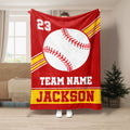 Red and yellow baseball throw blanket featuring a large baseball graphic and classic athletic stripe design