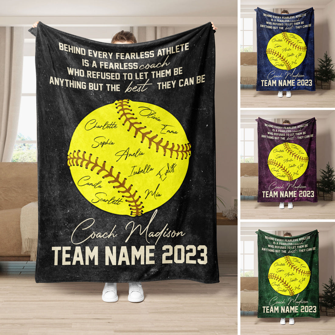 Custom softball throw blanket displayed in multiple colors with a large yellow softball and coach team artwork
