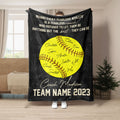Black softball throw blanket featuring a large yellow softball and inspirational coach team design
