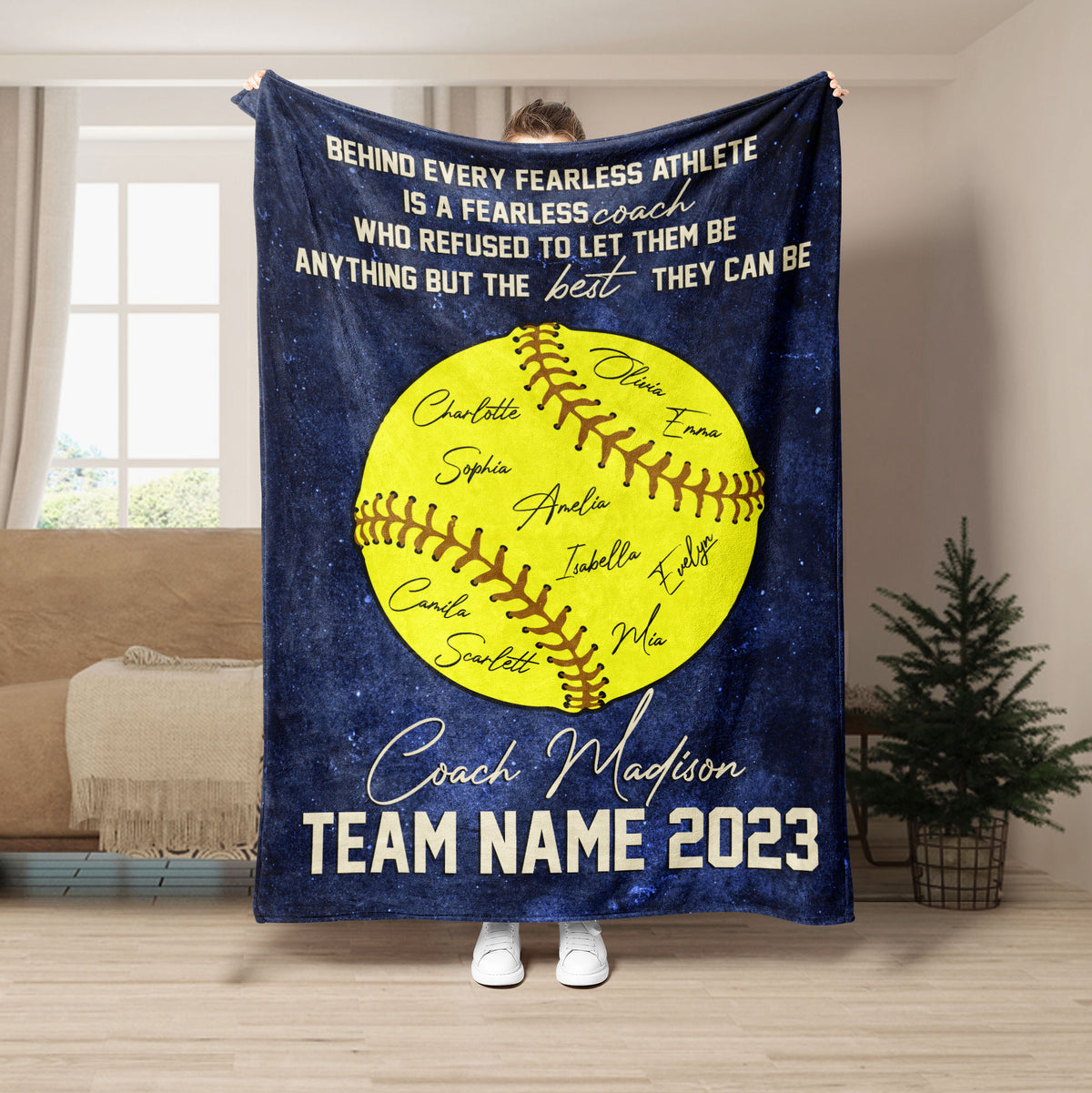 Navy blue softball blanket with yellow softball artwork and motivational coach message