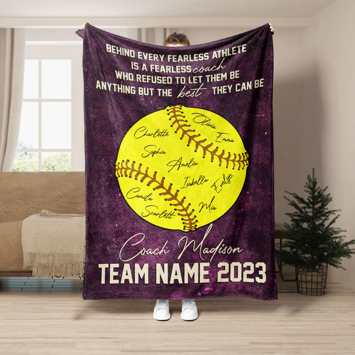 Purple softball throw blanket with yellow softball artwork and team coach design