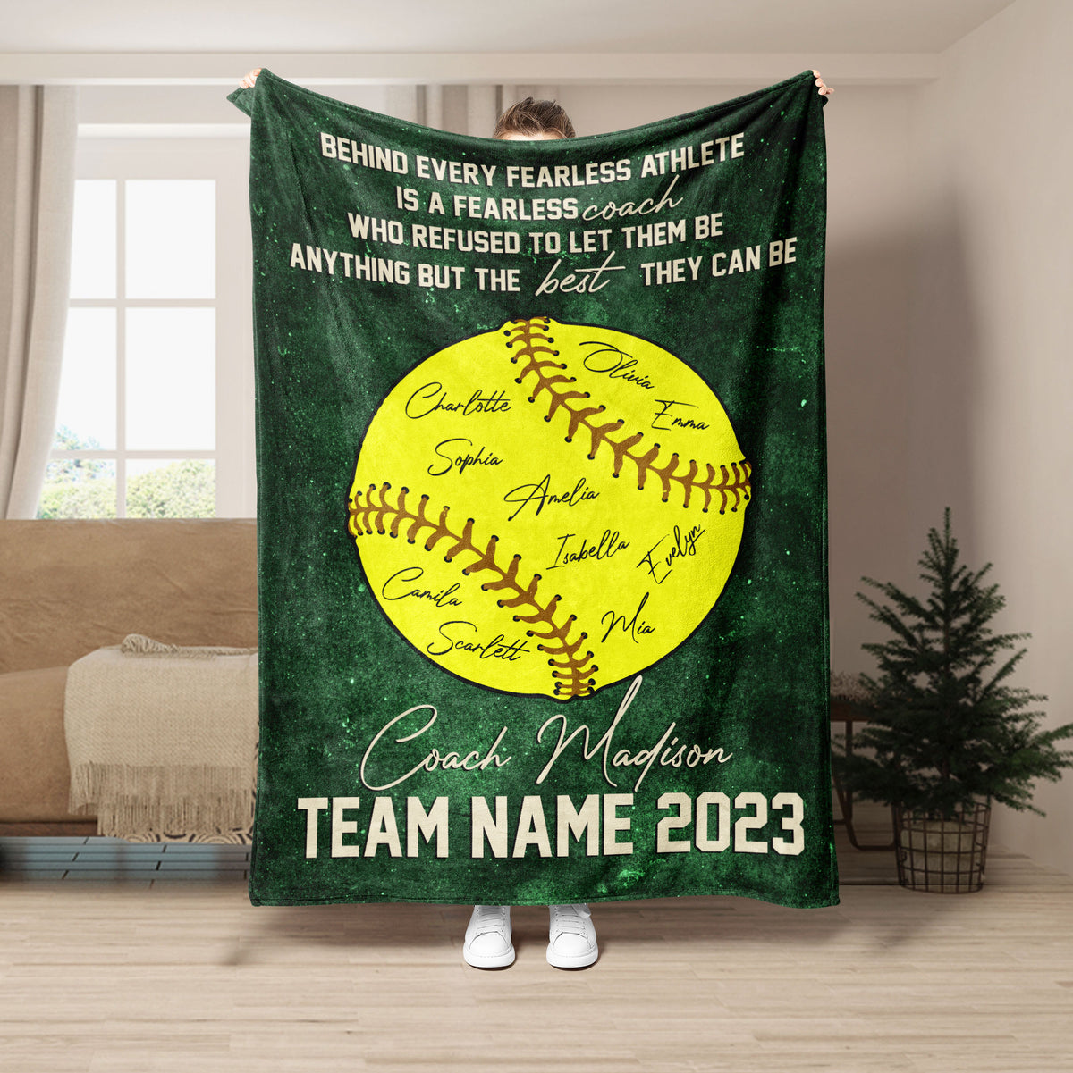 Green softball blanket featuring yellow softball artwork and an inspirational coach message