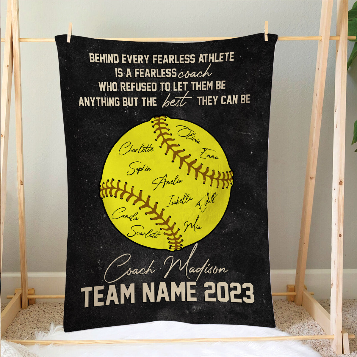 Softball throw blanket displayed on a bedroom frame with yellow softball and coach appreciation artwork